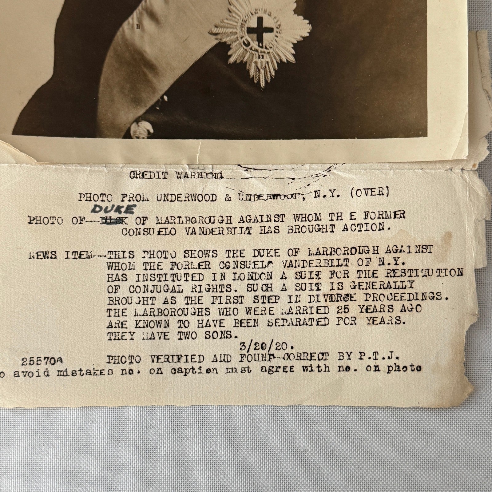 British Duke of Marlborough Consuelo Vanderbilt Divorce Press Photo 1920