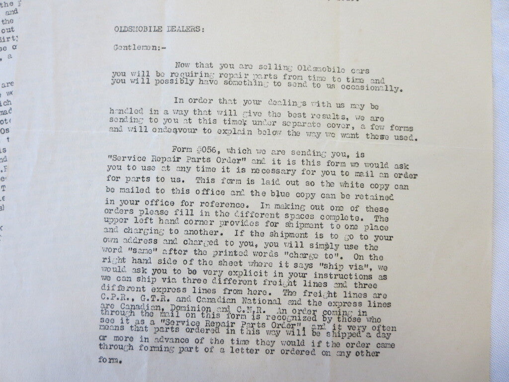 1919 Olds Motor Works of Canada Oldsmobile Factory Dealer Bulletin Letter 3 Page
