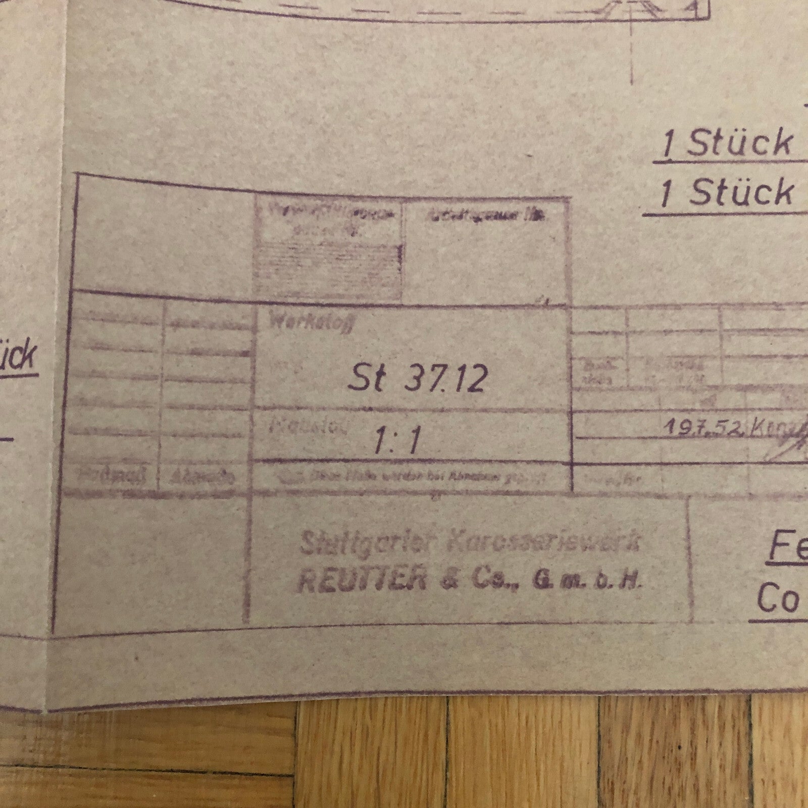 Vintage Porsche Reutter & Co Coachbuilder Factory Part Blueprint Document German