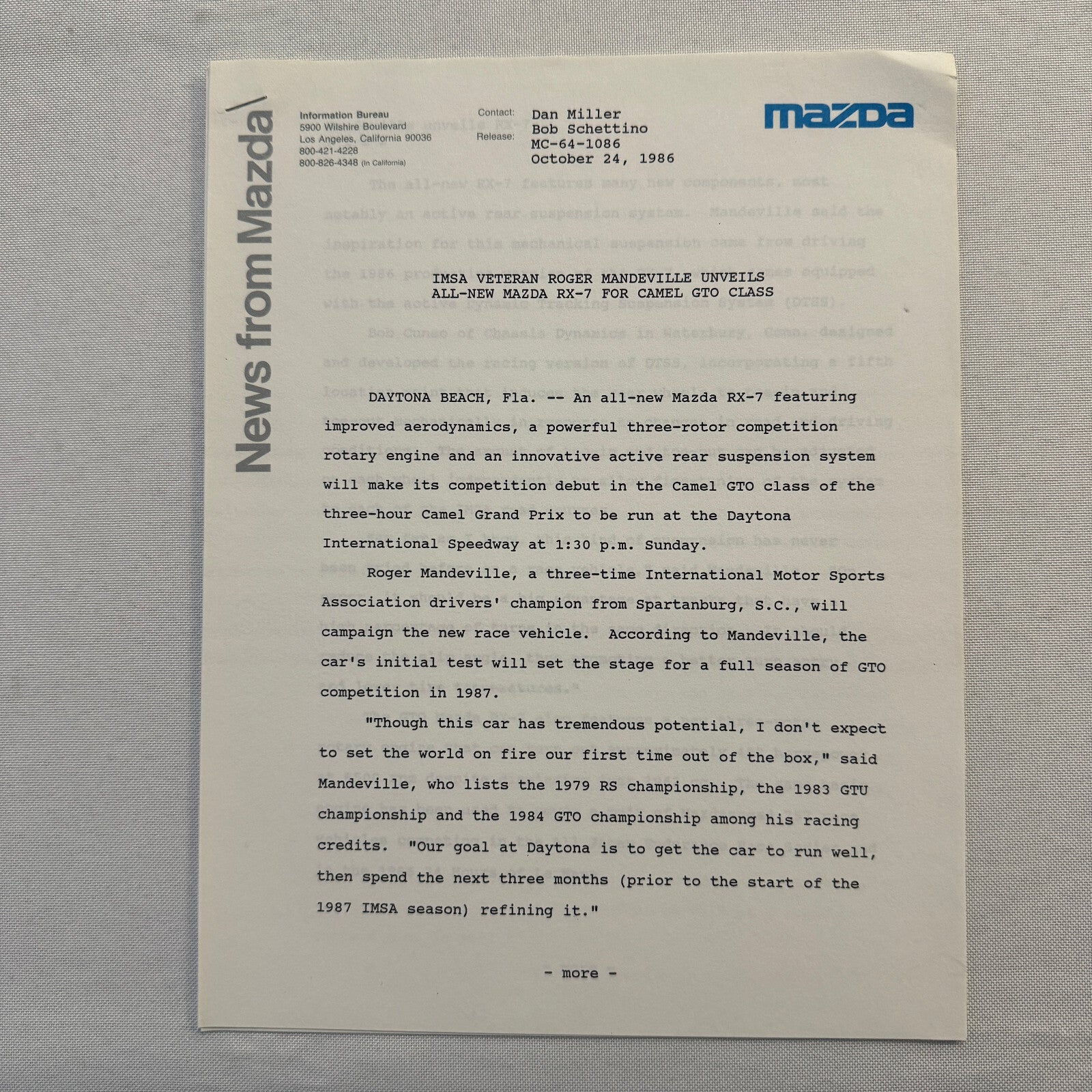 1986 Mazda RX-7 Racing Press Kit Brochure Photos Camel GT