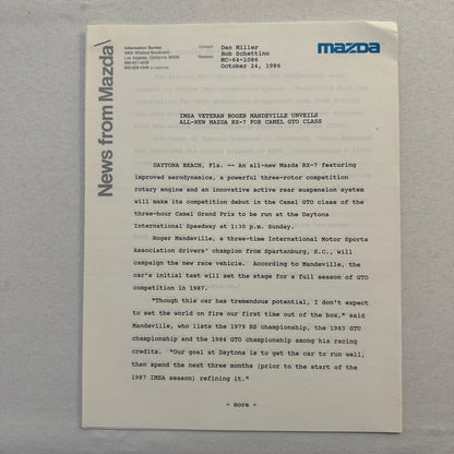 1986 Mazda RX-7 Racing Press Kit Brochure Photos Camel GT