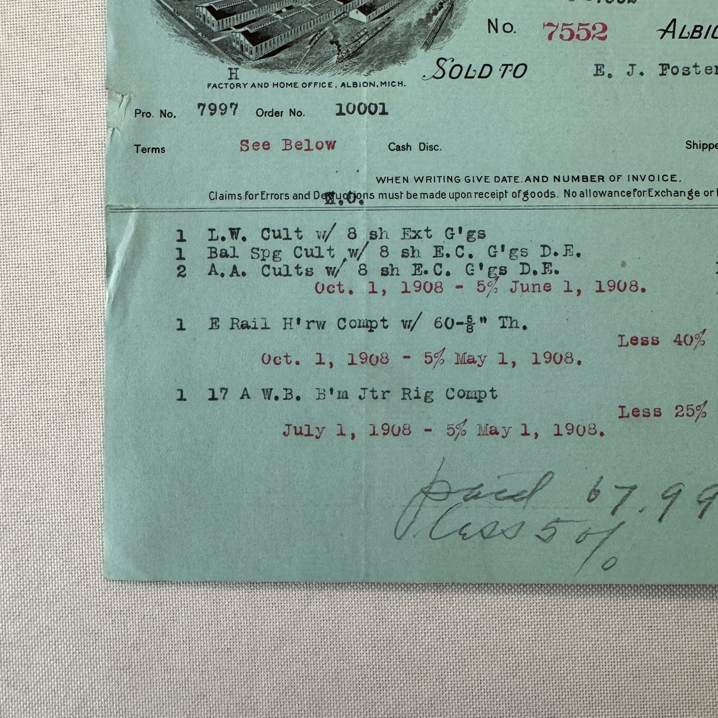 Gale Manufacturing Company Agricultural Implements Albion Michigan 1908 Document