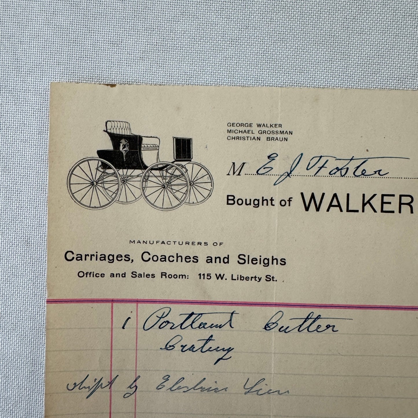 Walker and Company Receipt Letterhead Document 1908 Carriage Sleigh Ann Arbor MI