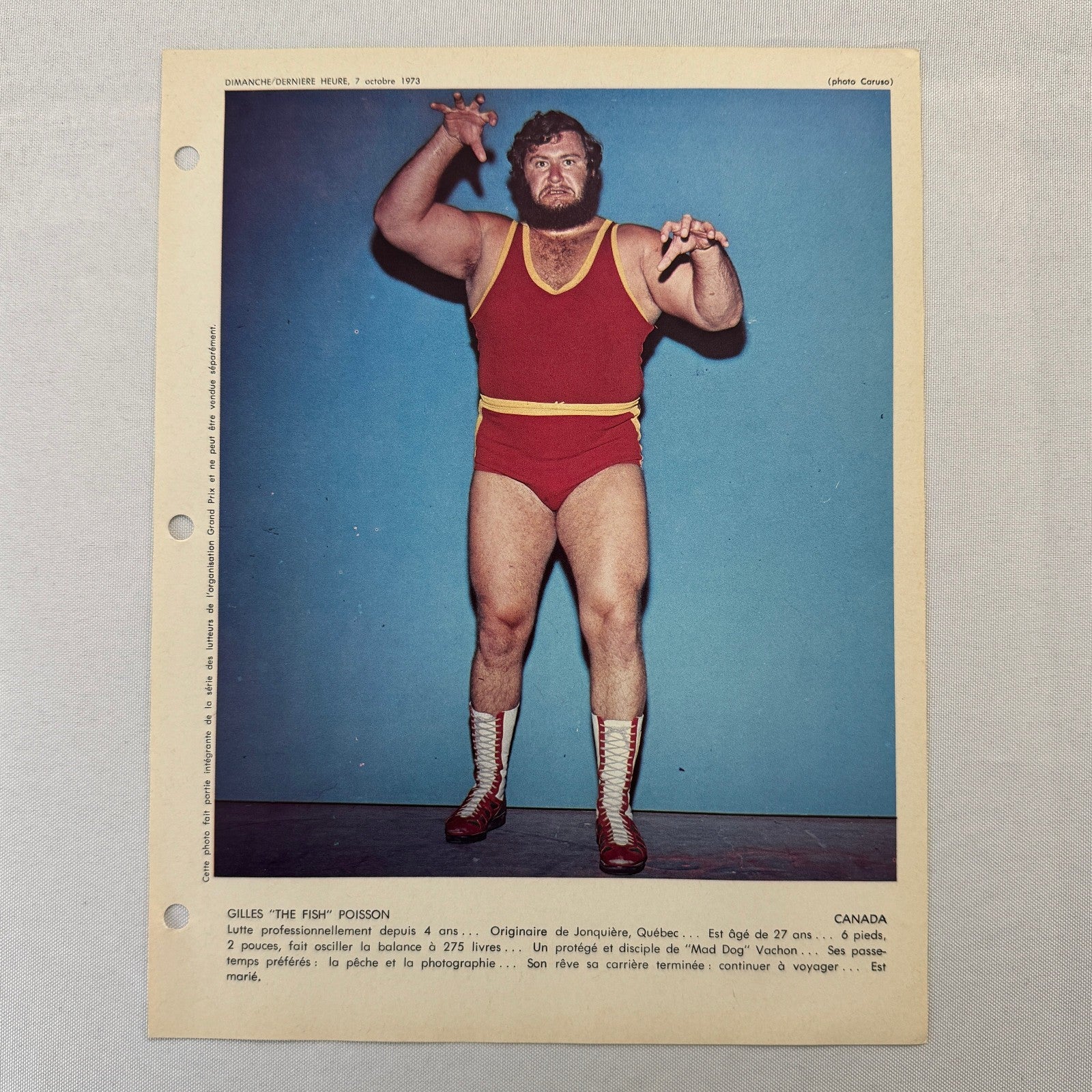 Vintage Wrestling Print Insert Gilles the Fish Poisson Quebec French 1973