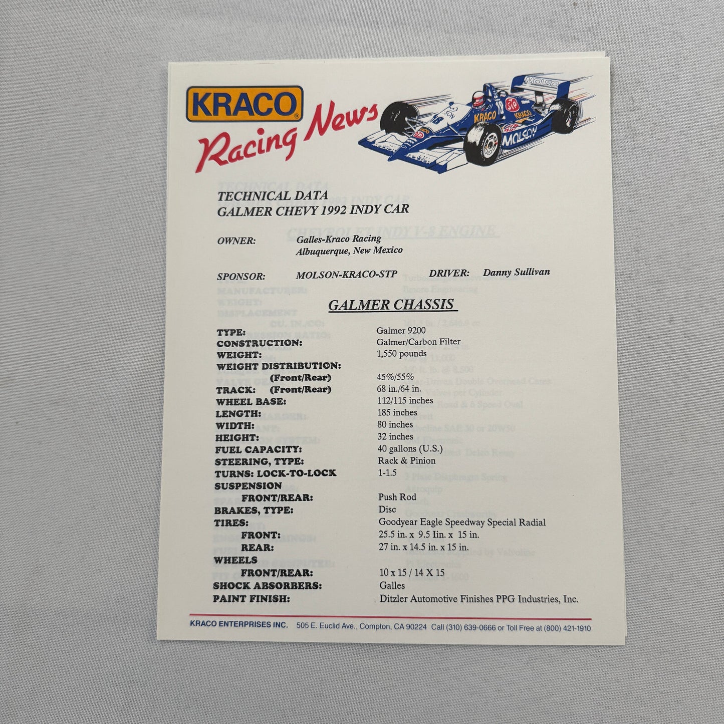 1992 Danny Sullivan Kraco Indy Car Racing Press Kit Brochure Photos Galmer Chevy