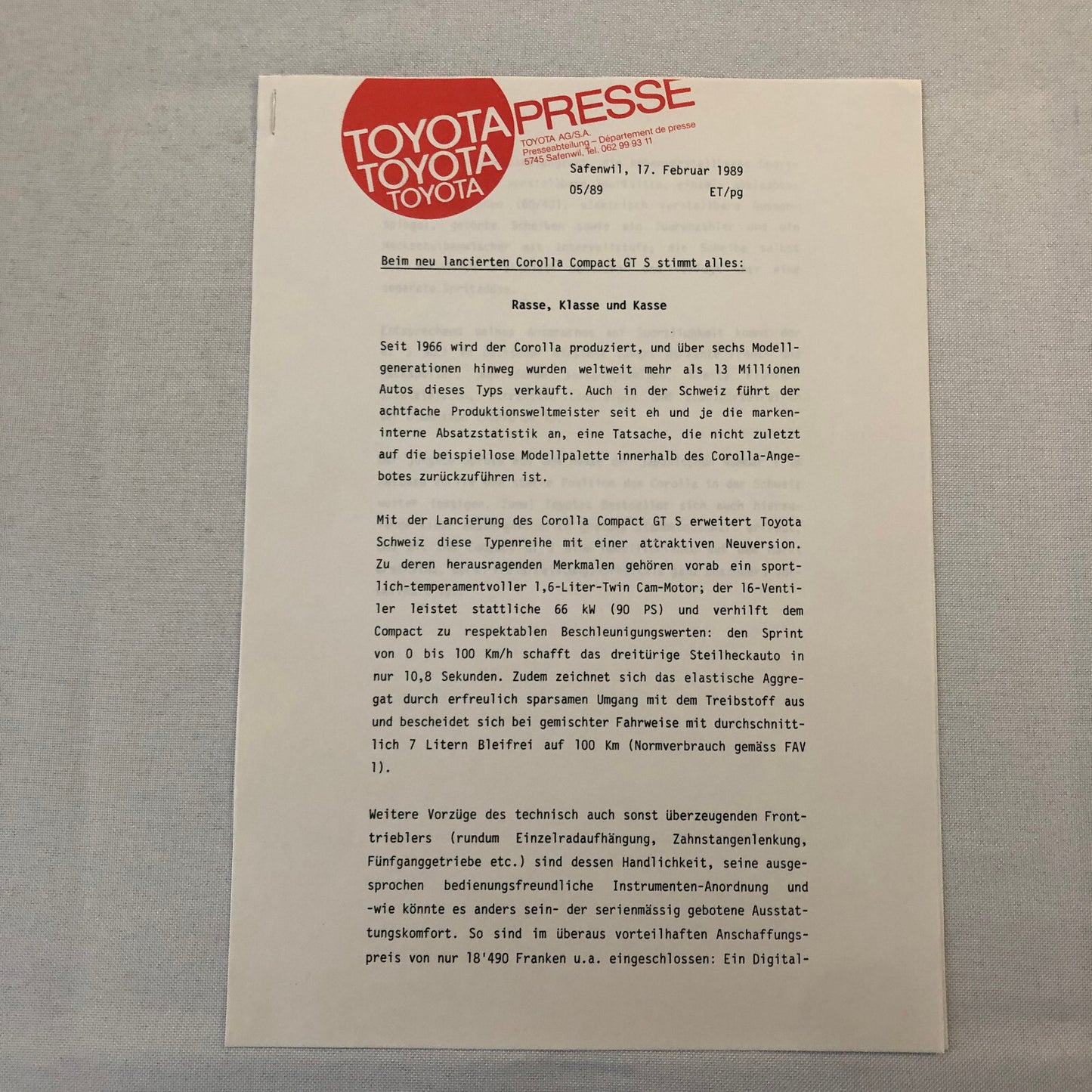 1989 Toyota Press Kit Brochure Photos Starlet Chic Supra Carina Corolla GERMAN