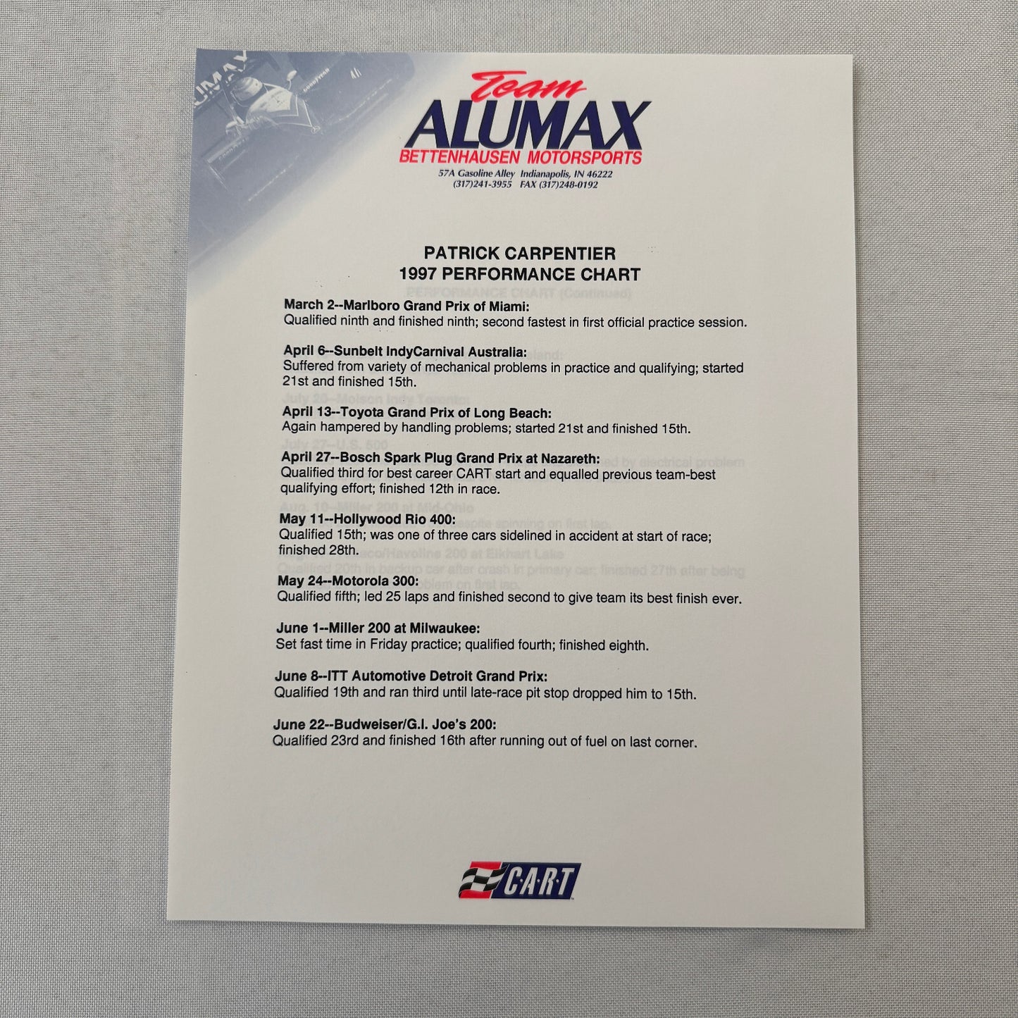 Bettenhausen Alumax Racing Press Kit Brochure 1997 CART Patrick Carpentier