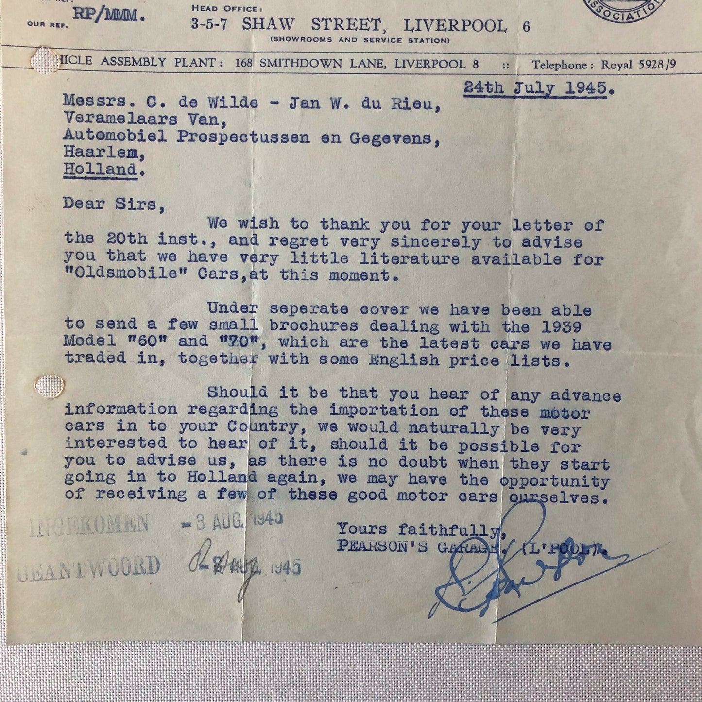 1945 Chevrolet Dealership Letter UK Garage Oldsmobile Car Truck Letterhead