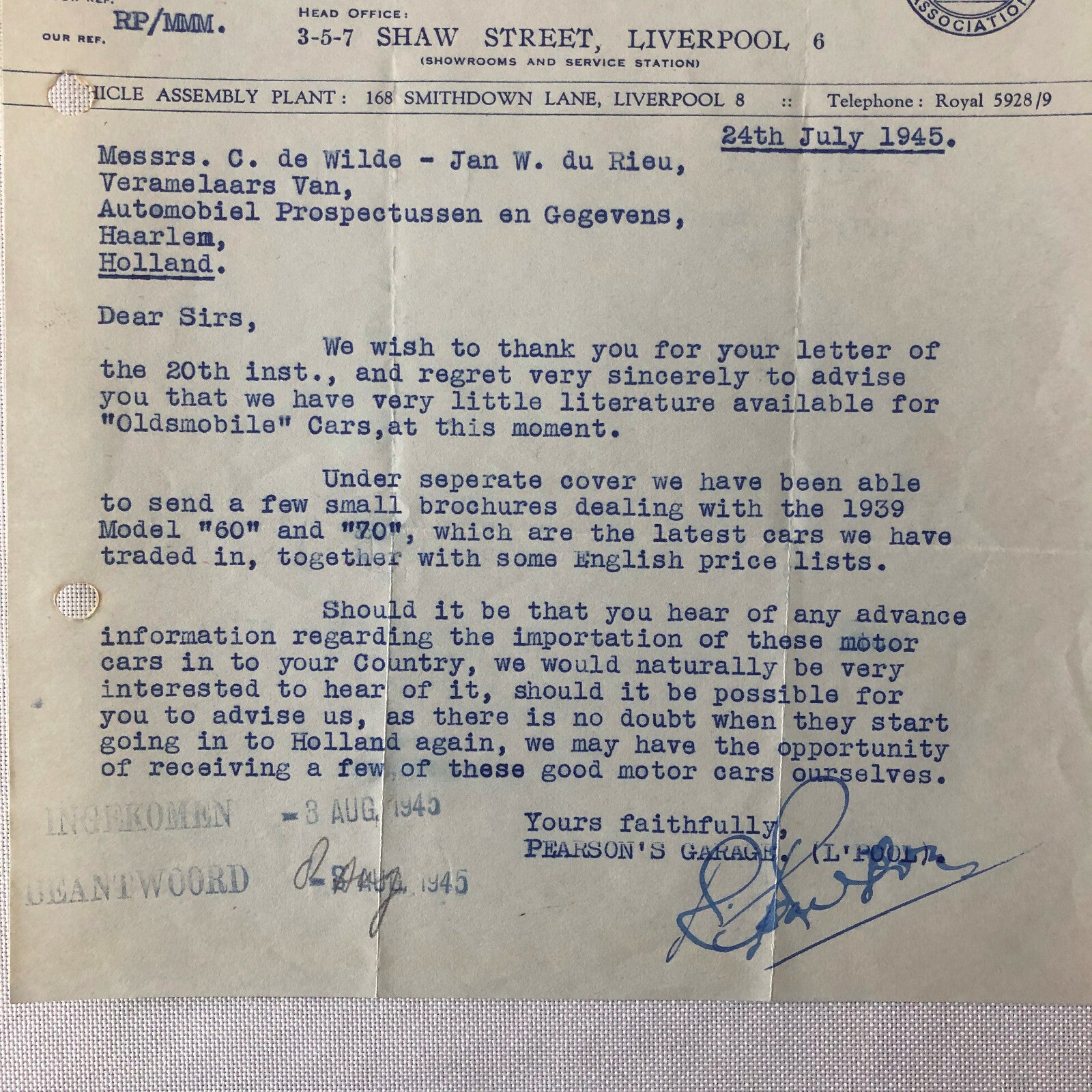 1945 Chevrolet Dealership Letter UK Garage Oldsmobile Car Truck Letterhead