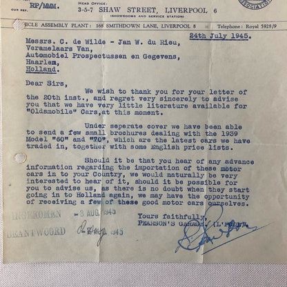 1945 Chevrolet Dealership Letter UK Garage Oldsmobile Car Truck Letterhead