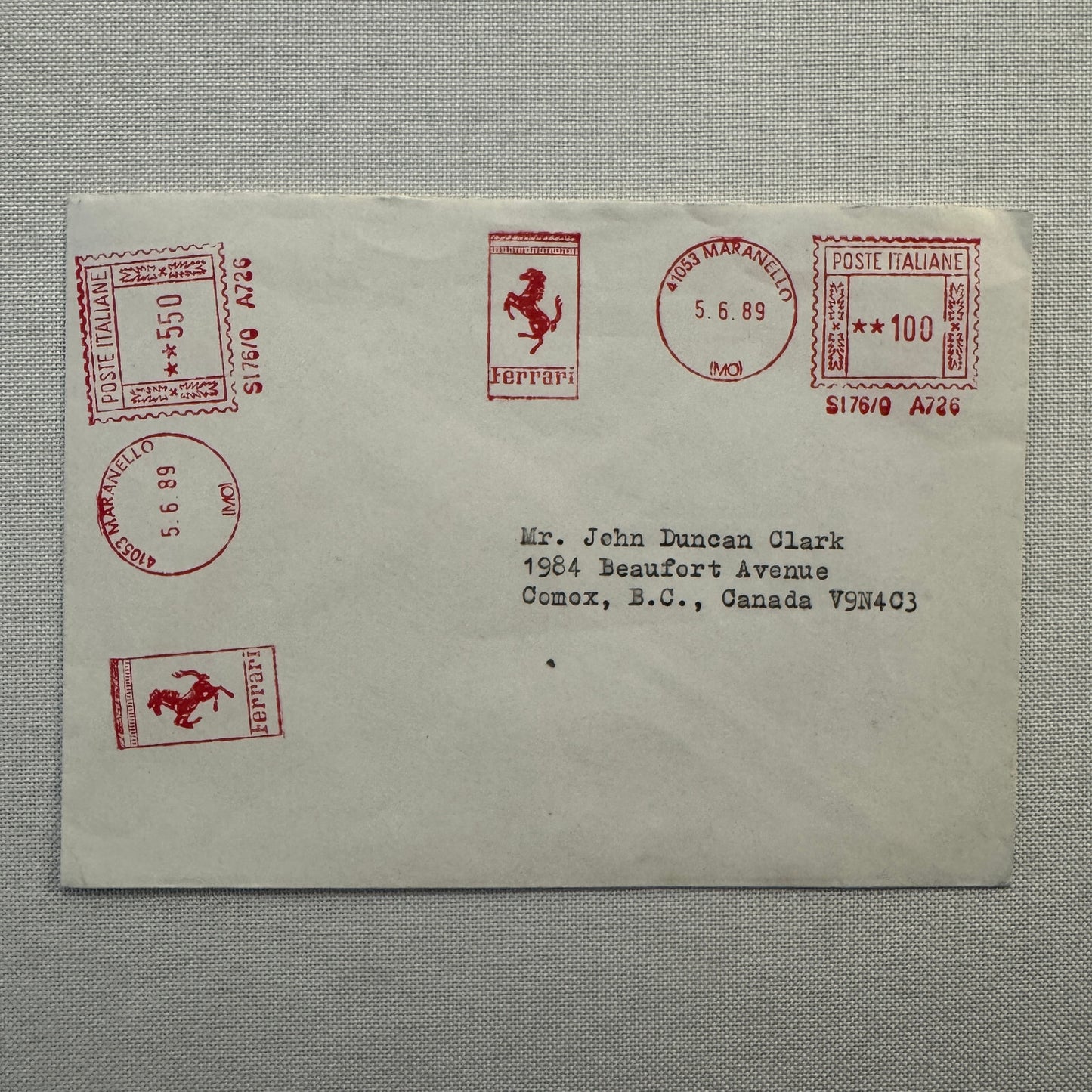 Vintage Ferrari Maranello Envelope Postmark Postage Stamp 1989
