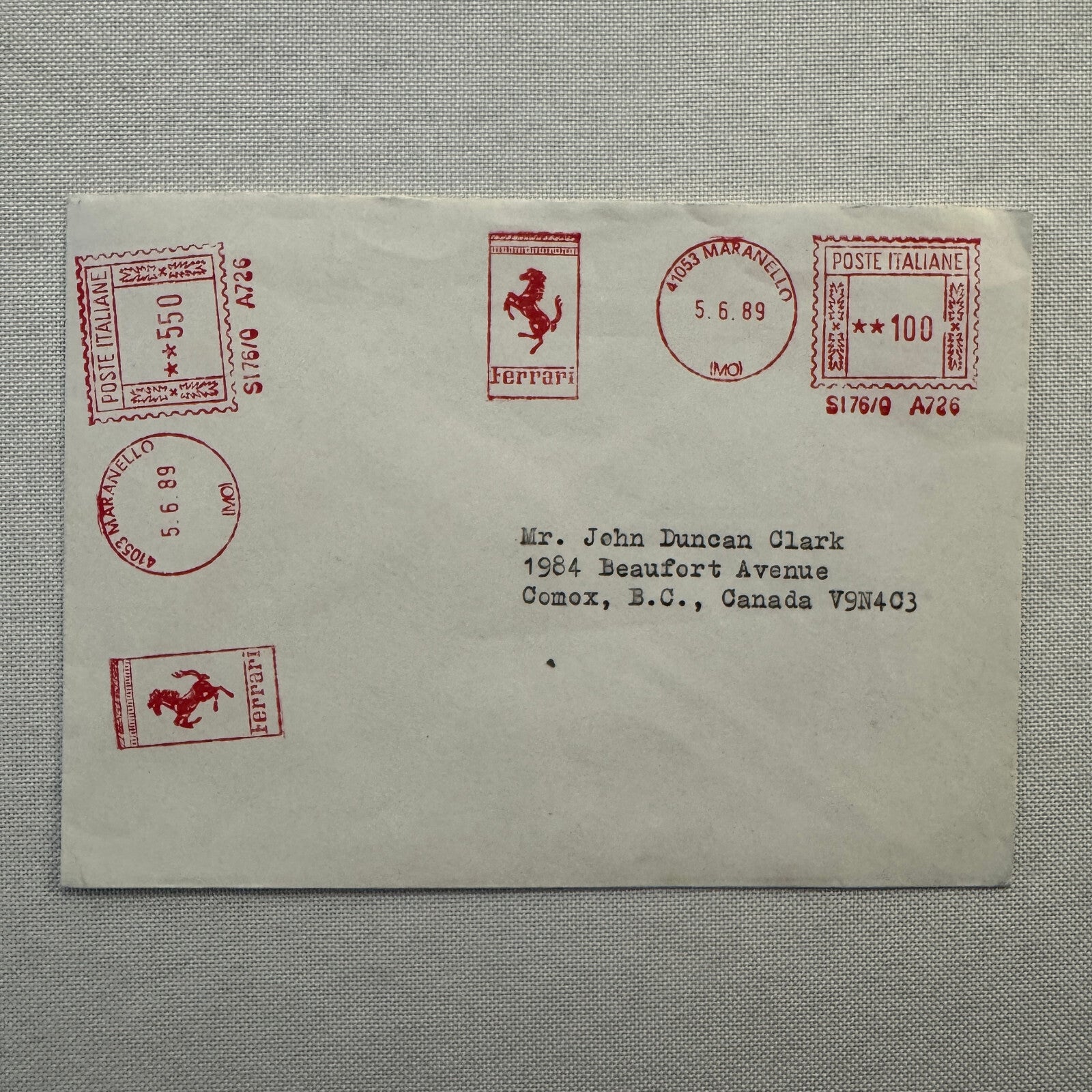 Vintage Ferrari Maranello Envelope Postmark Postage Stamp 1989