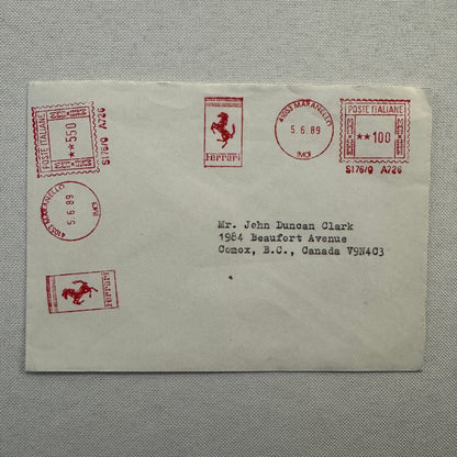 Vintage Ferrari Maranello Envelope Postmark Postage Stamp 1989