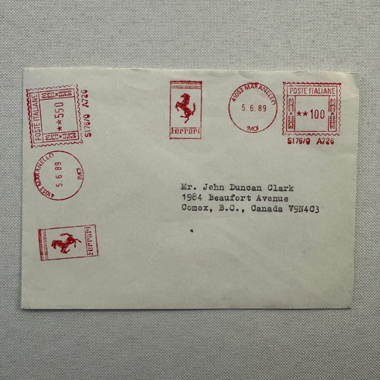 Vintage Ferrari Maranello Envelope Postmark Postage Stamp 1989