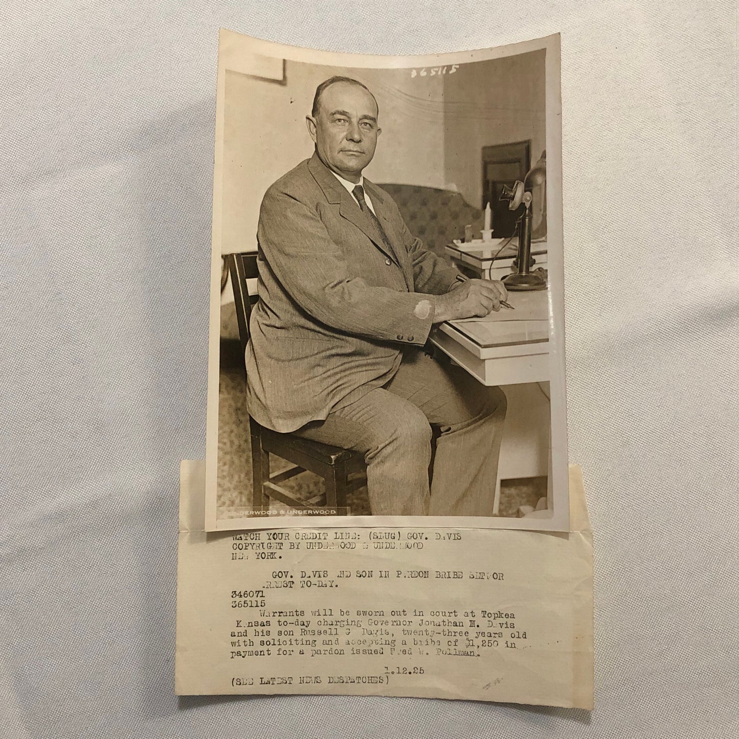 Press Photo Photograph Governor Arrested for Accepting Bribe 1925 Underwood