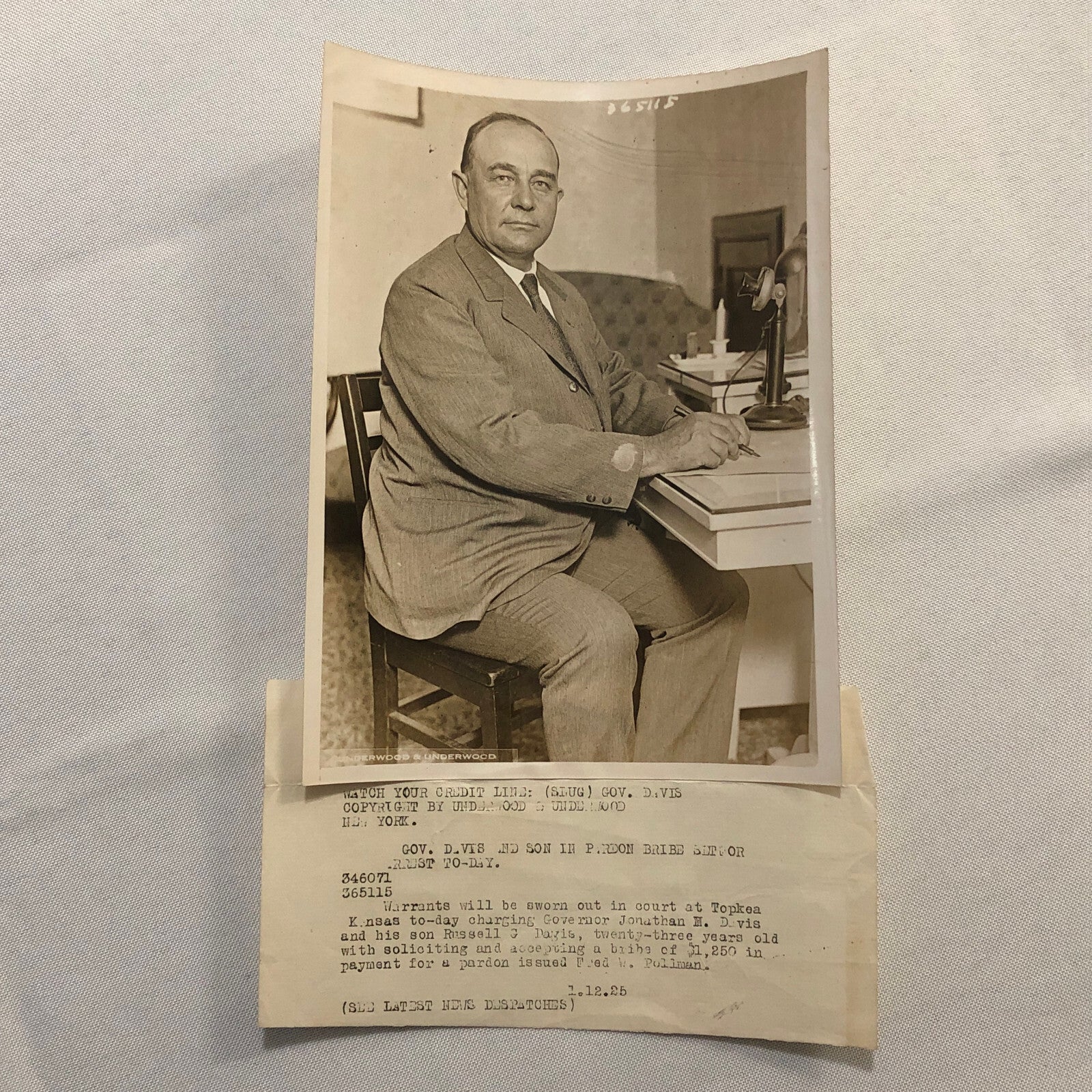 Press Photo Photograph Governor Arrested for Accepting Bribe 1925 Underwood
