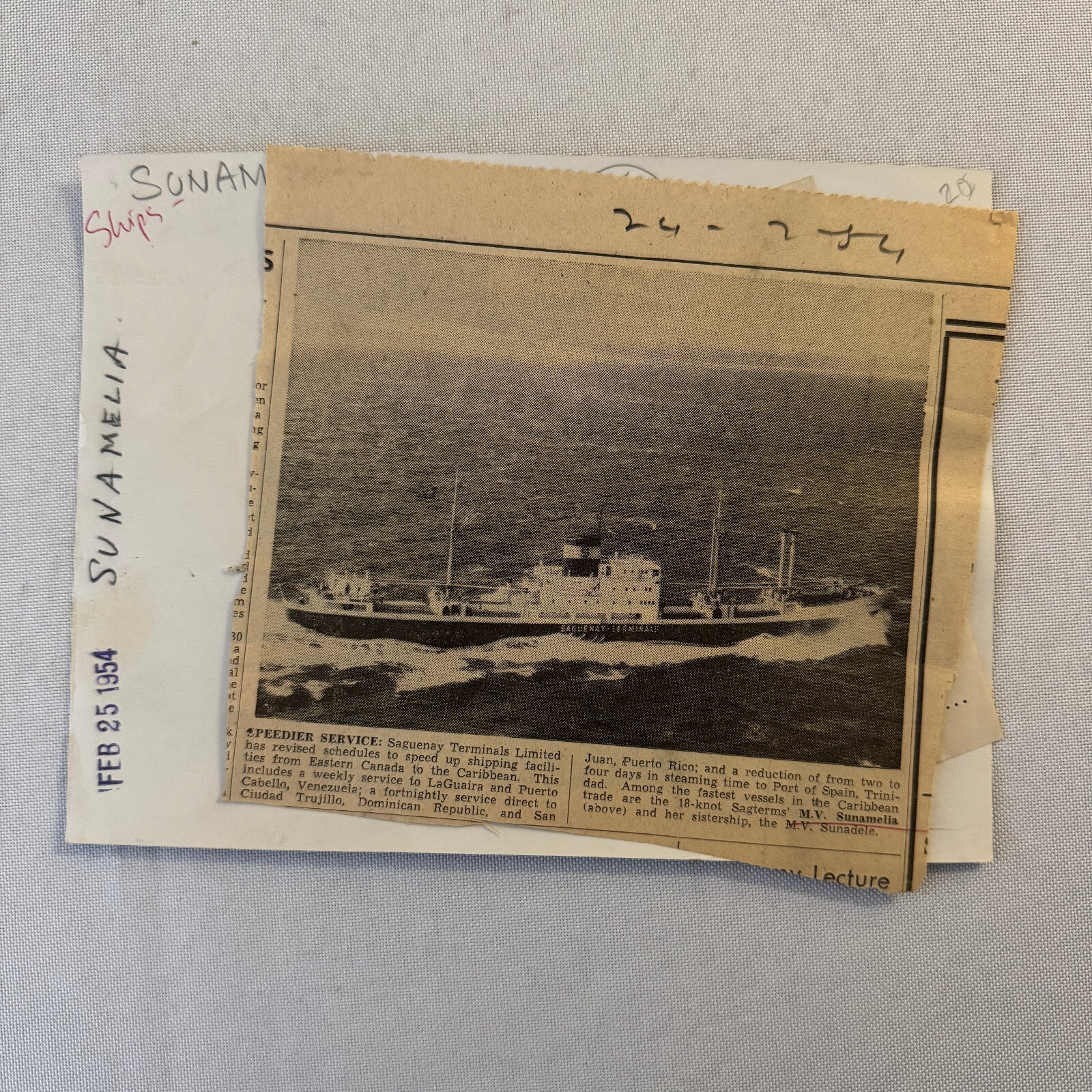 Vintage Ship Boat Photo Photograph Print MV Sunamelia 1954