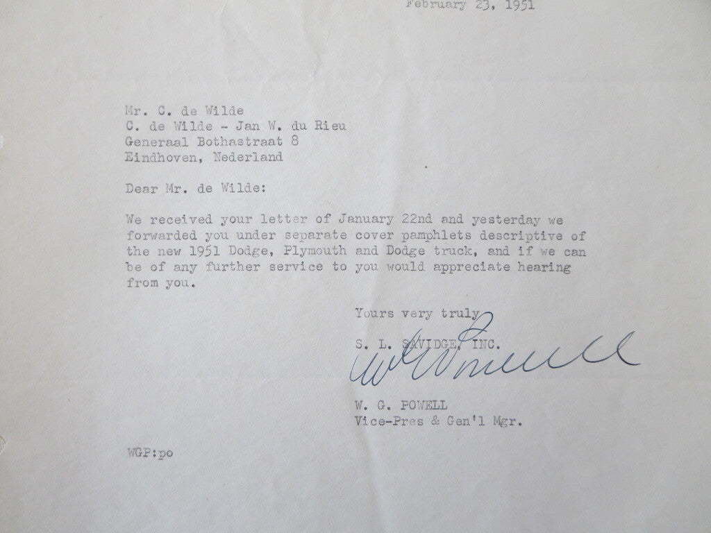 1949 1951 Dodge Plymouth Dealership Letter S.L. Savidge Motors Letterhead
