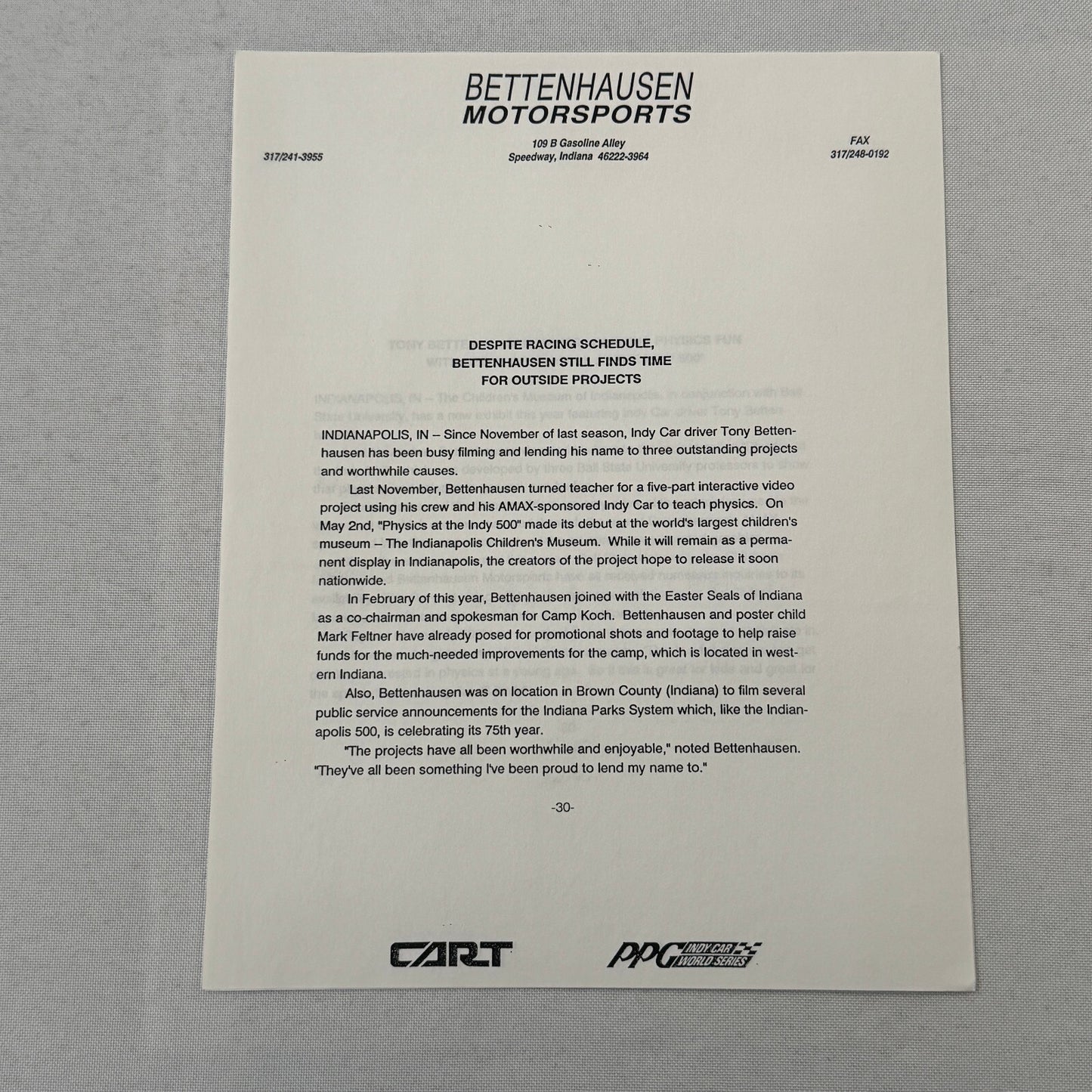 Tony Bettenhausen AMAX Racing Press Kit Brochure Penske Chevy 90 Indy Car