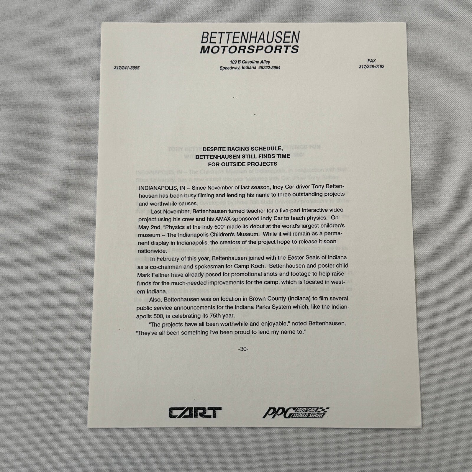 Tony Bettenhausen AMAX Racing Press Kit Brochure Penske Chevy 90 Indy Car