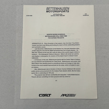 Tony Bettenhausen AMAX Racing Press Kit Brochure Penske Chevy 90 Indy Car