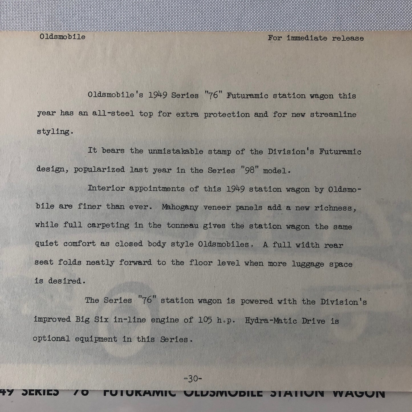 1949 Oldsmobile Series 76 Futuramic Station Wagon Factory Press Photo Photograph