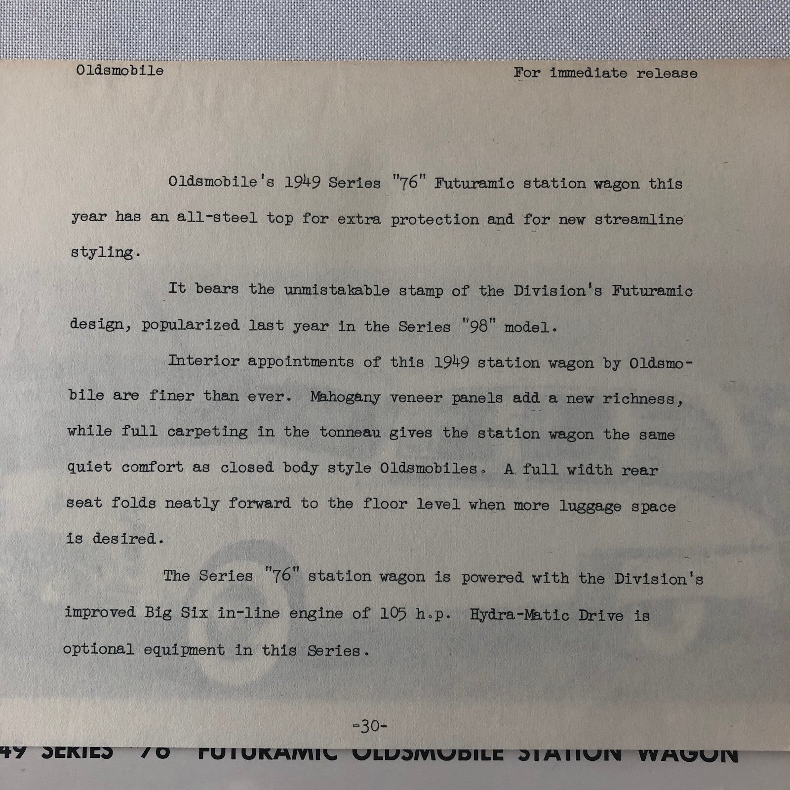 1949 Oldsmobile Series 76 Futuramic Station Wagon Factory Press Photo Photograph