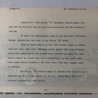 1949 Oldsmobile Series 76 Futuramic Station Wagon Factory Press Photo Photograph