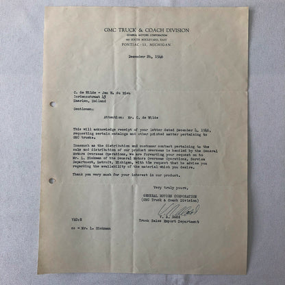 1945 - 1946 GMC Truck and Coach Letter Letterhead Document 