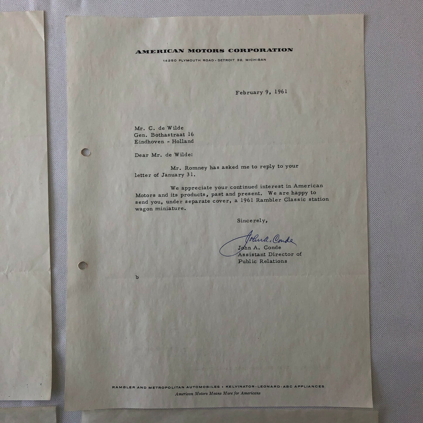 1960 - 1961 American Motors Corporation Car Letter Letterhead George Romney 
