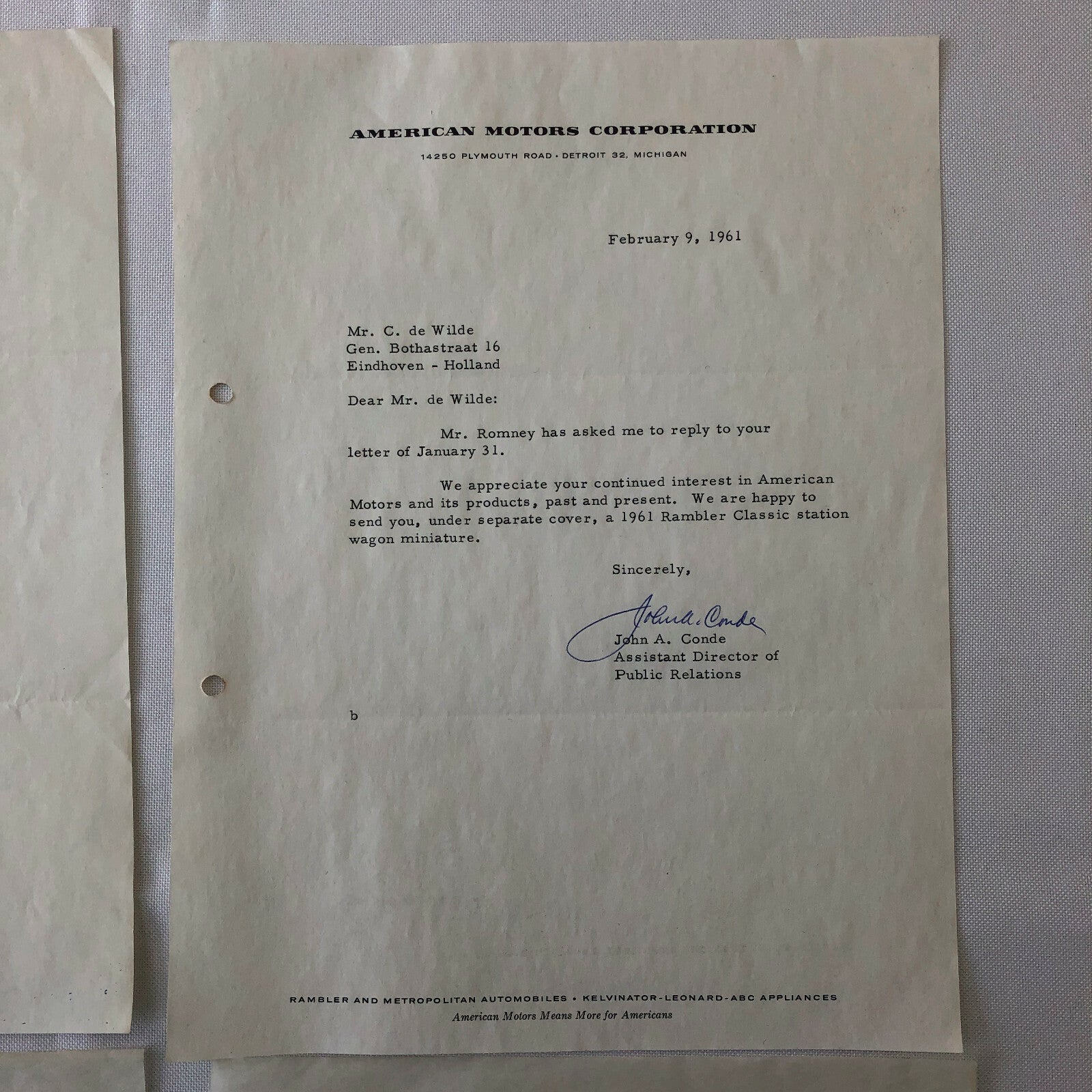 1960 - 1961 American Motors Corporation Car Letter Letterhead George Romney 