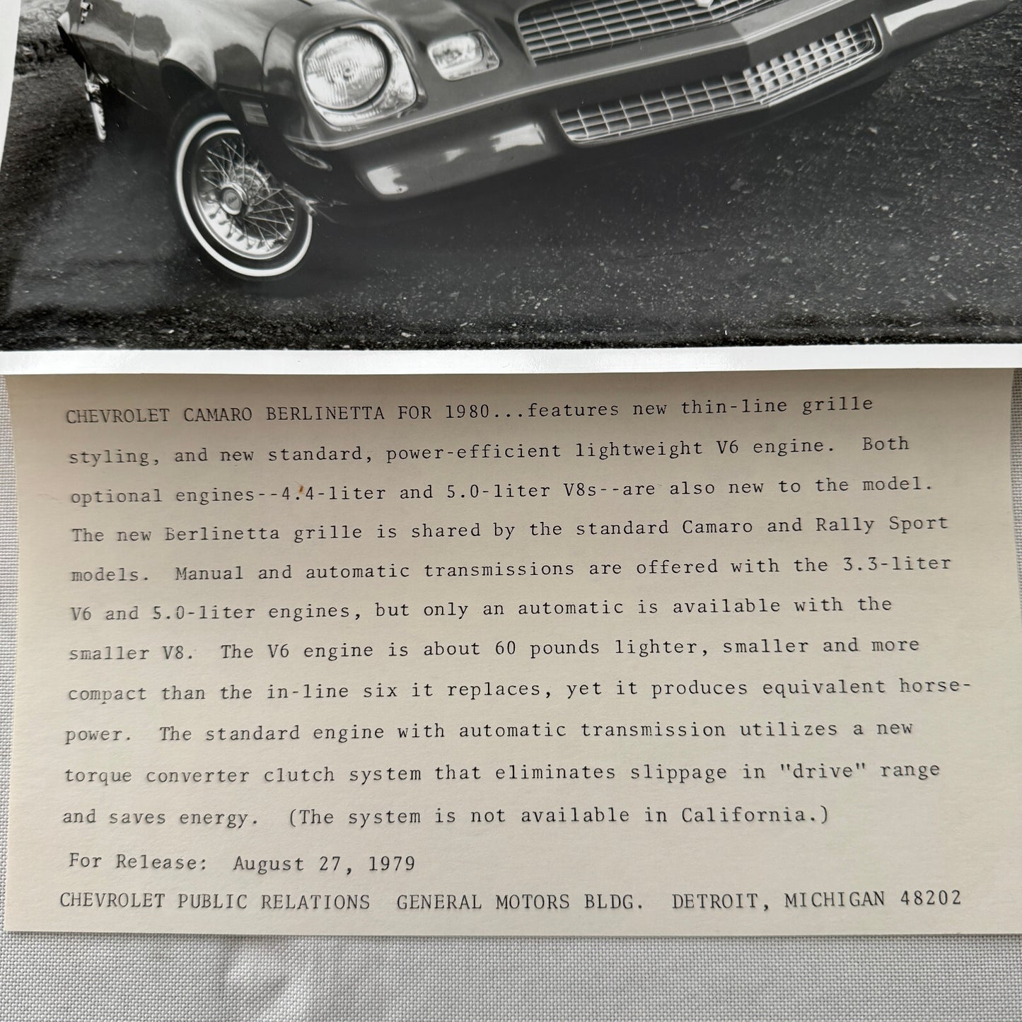 1980 Chevrolet Camaro Berlinetta Factory Press Publicity Photo Photograph Chevy