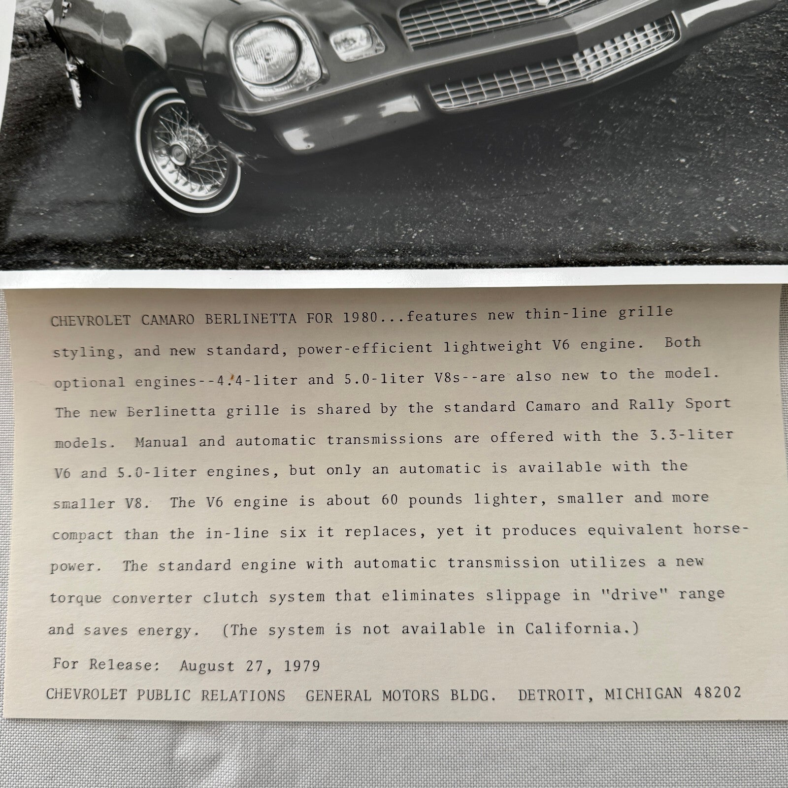 1980 Chevrolet Camaro Berlinetta Factory Press Publicity Photo Photograph Chevy