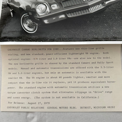 1980 Chevrolet Camaro Berlinetta Factory Press Publicity Photo Photograph Chevy