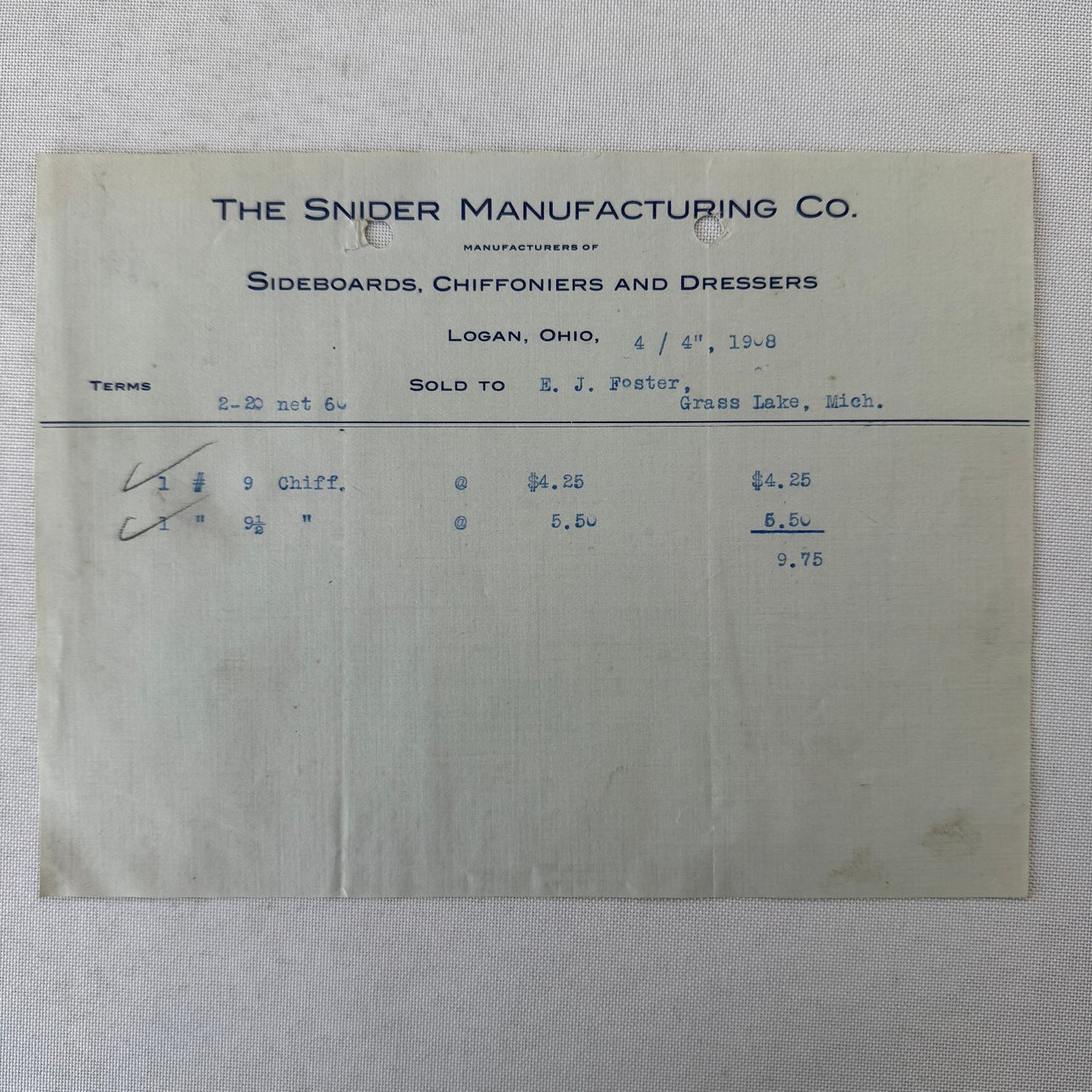 Snider Manufacturing Company Receipt Invoice Document 1908 Furniture Logan OH
