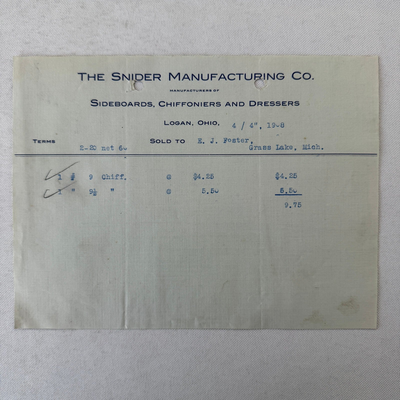 Snider Manufacturing Company Receipt Invoice Document 1908 Furniture Logan OH
