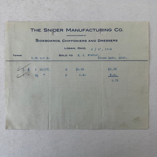 Snider Manufacturing Company Receipt Invoice Document 1908 Furniture Logan OH