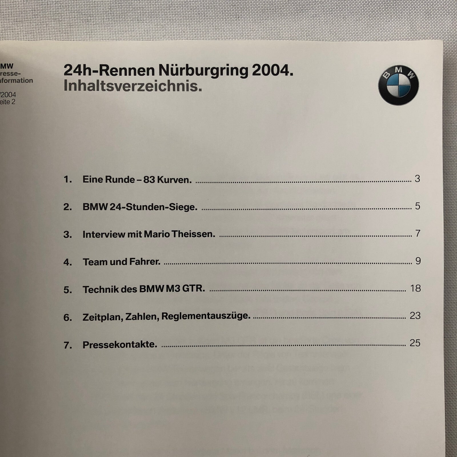 2004 BMW 24 Hour Rennen Nurburgring Race Racing Press Kit Brochure GERMAN 