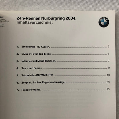 2004 BMW 24 Hour Rennen Nurburgring Race Racing Press Kit Brochure GERMAN 