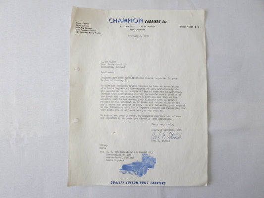 1959 Champion Carriers Letter Letterhead Document Truck Construction Equipment +