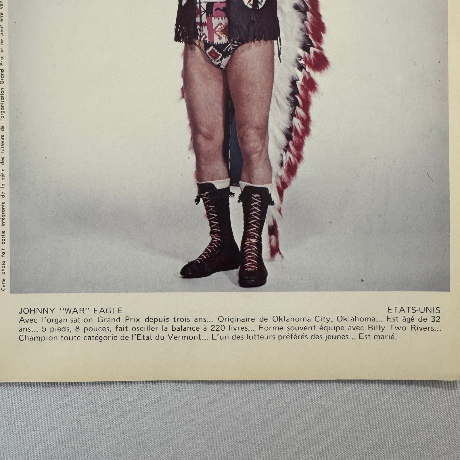 Vintage Wrestling Print Insert Johnny War Eagle Quebec French 1973