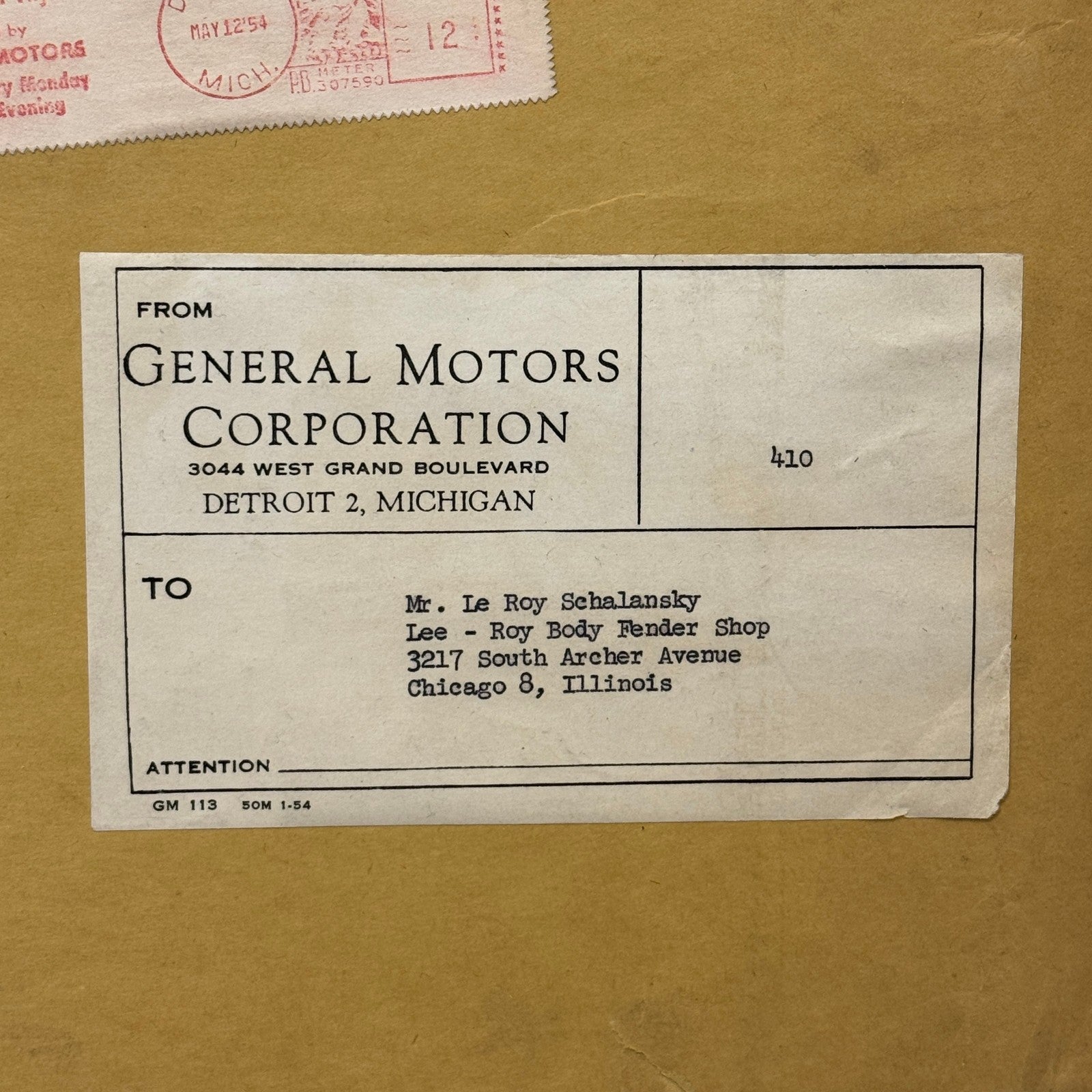 Vintage General Motors GM Envelope 1954 Postmark Empty