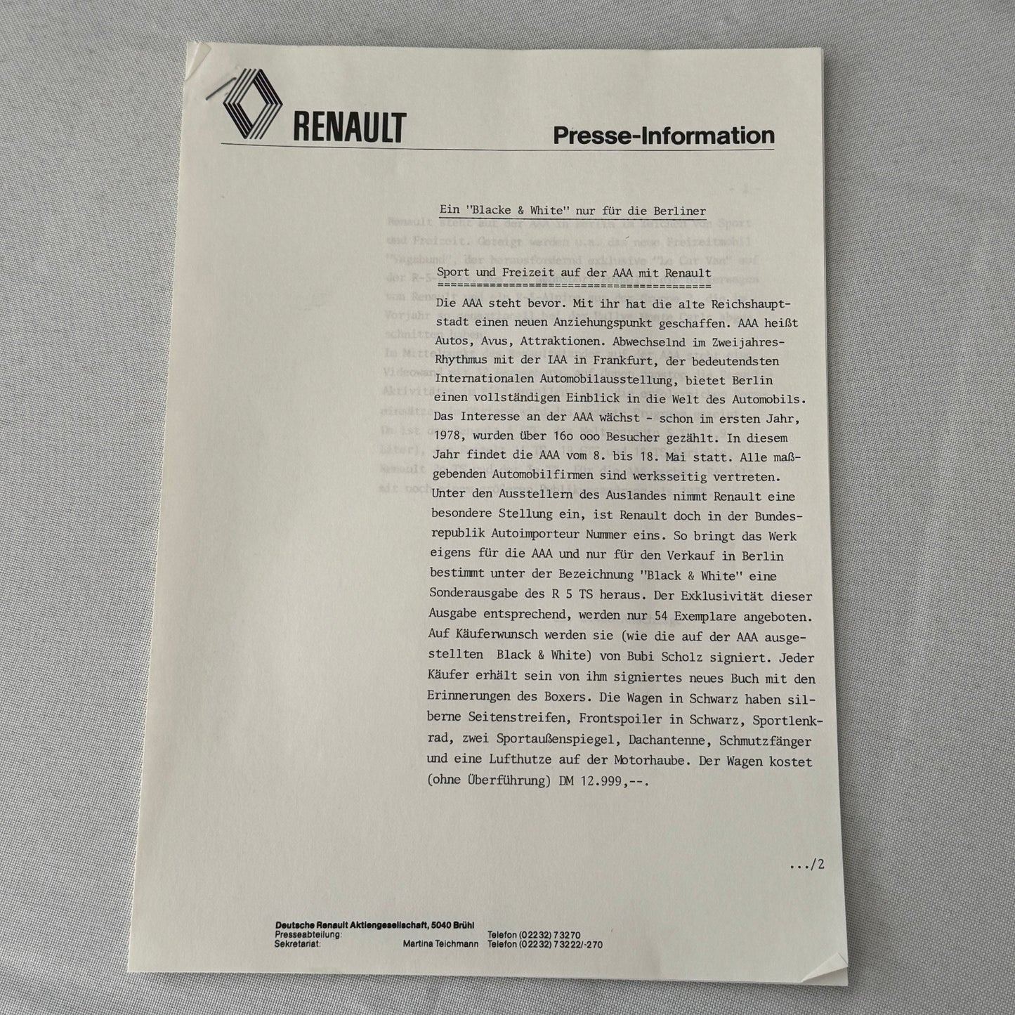 1980 Renault Press Kit Le Car Van Vagabund Renault ELF 20 Racing Car GERMAN