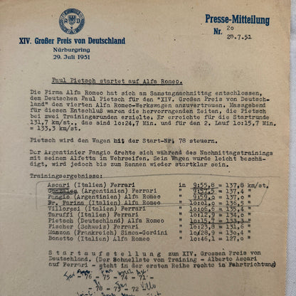 1951 AVD European Grand Prix at Nurburgring Racing Race Document Lot 2x