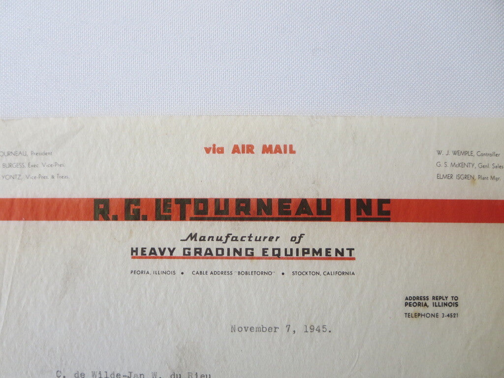 1945 RG Letourneau Inc Heavy Grading Equipment Letter Letterhead Document 