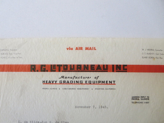 1945 RG Letourneau Inc Heavy Grading Equipment Letter Letterhead Document 