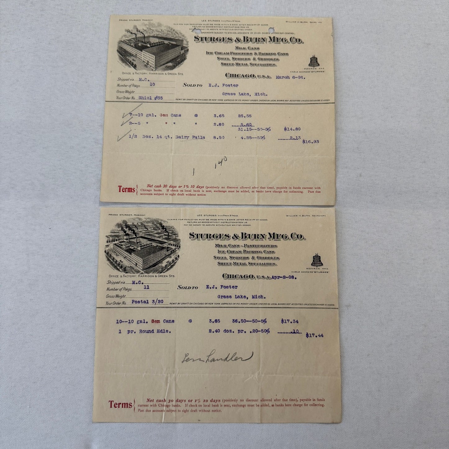 Sturges & Burn Manufacturing Company Chicago 1908 Invoice Document Lot 2x Cans