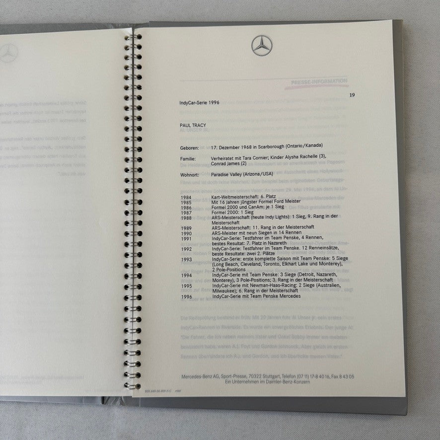 1996 Mercedes Marlboro Indy Car Racing Press KIt Paul Tracy Emerson Fittipaldi