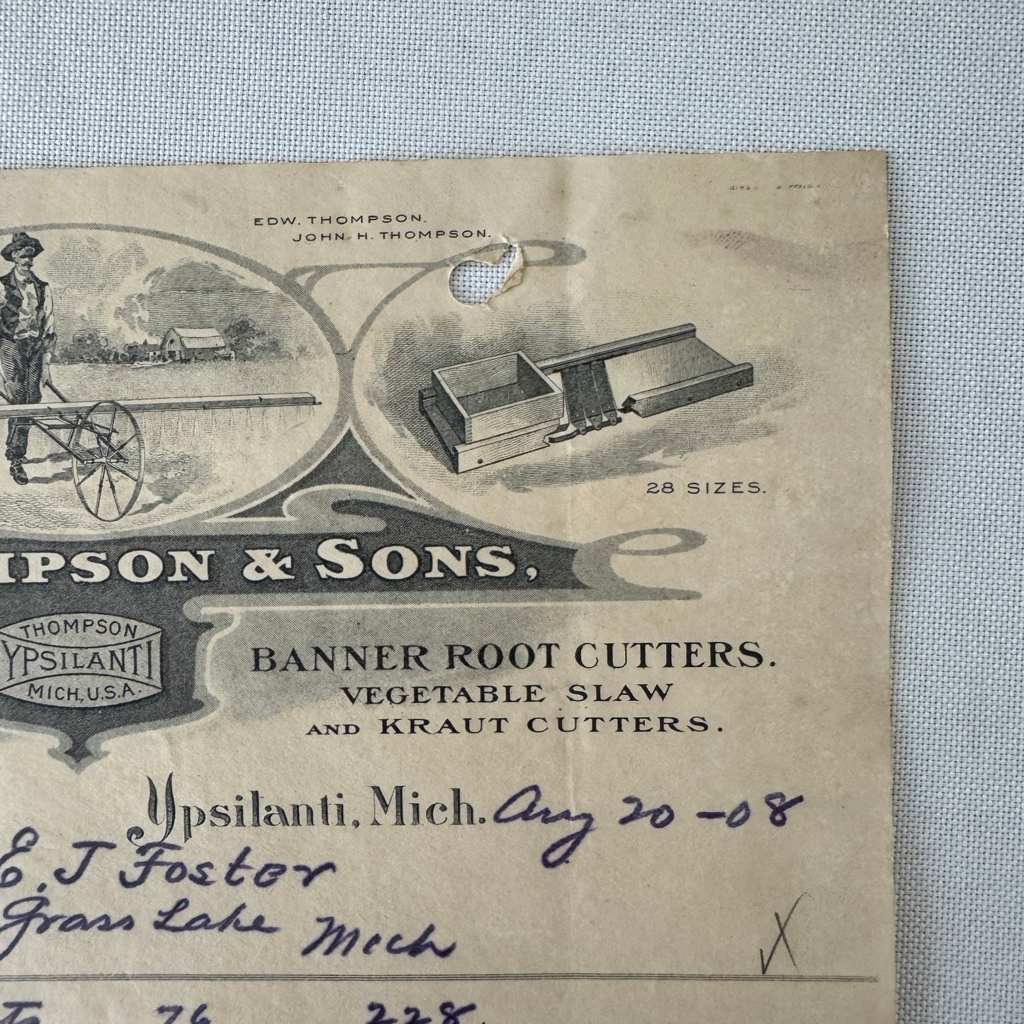 OE Thompson Receipt Letterhead Document Ypsilanti Michigan 1908 Wheelbarrow Tool