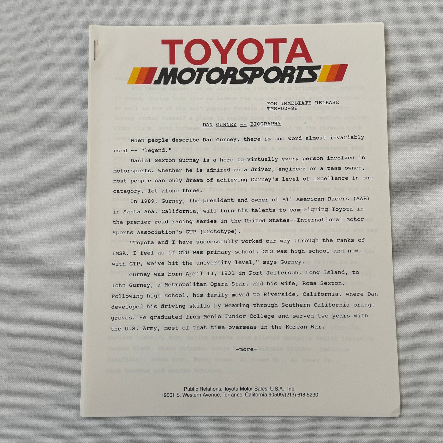 1989 Toyota Motorsport Racing Press Kit Dan Gurney Willy T Ribbs Fangio II